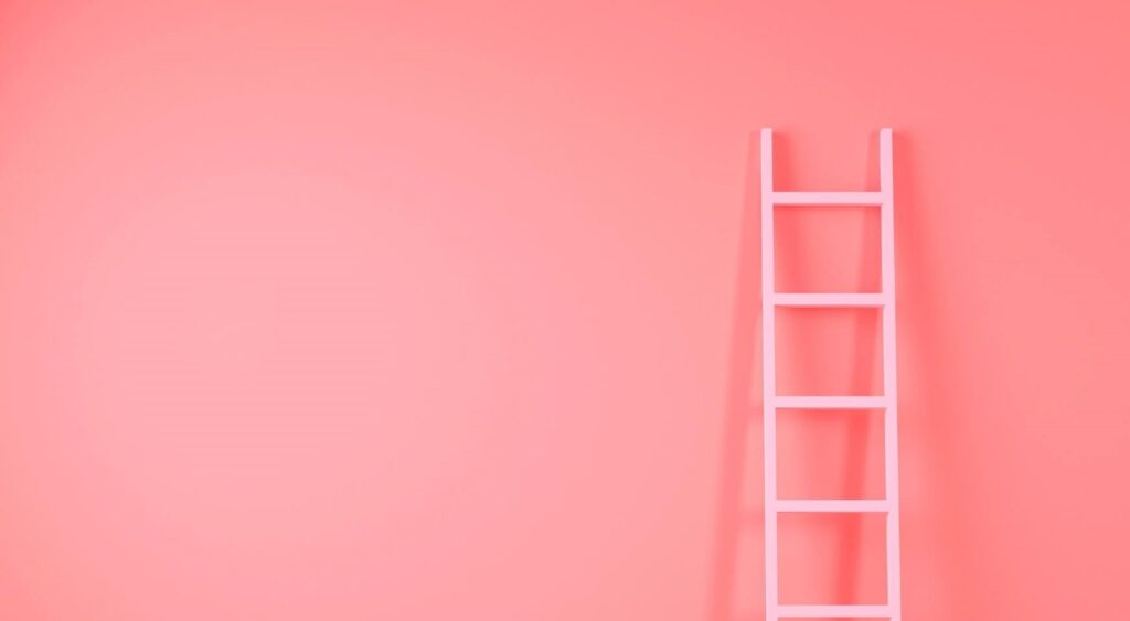 a pink ladder propped up against a pink backdrop
